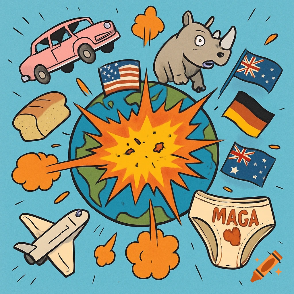 A surreal political cartoon showing Earth exploding, with objects like a car, rhino, flags, bread, spaceship, and underwear labeled 'MAGA' flying out.
