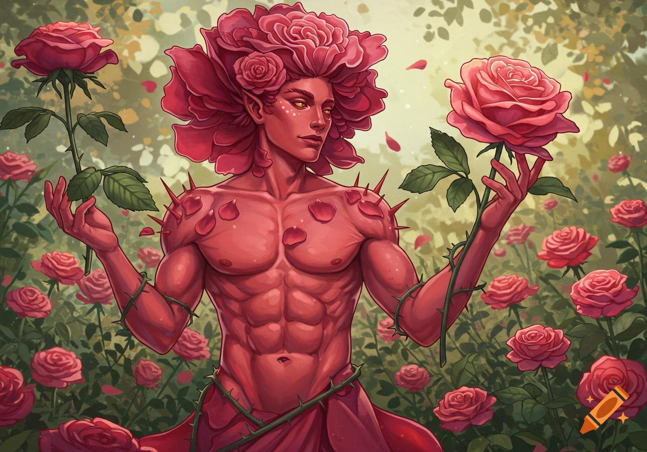 A fantasy figure made of rose petals and thorns stands in a rose garden.