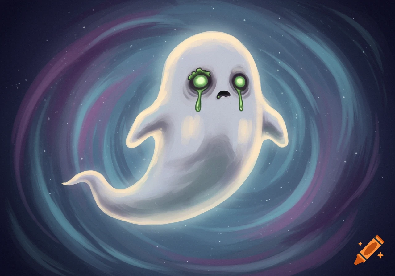 A cartoon ghost with green dripping eyes floats in a swirling purple and blue background.