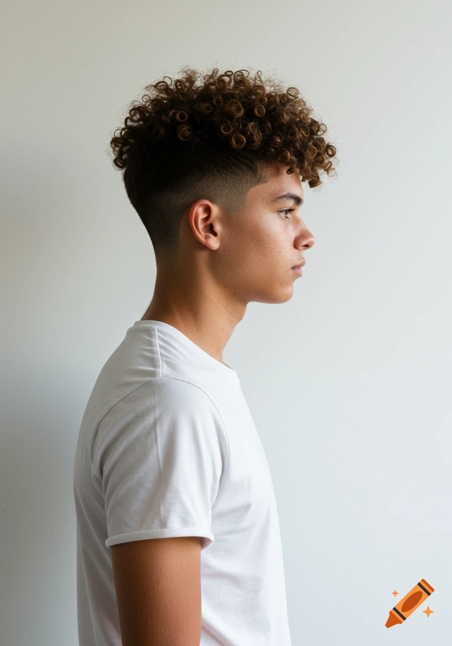 Side profile of a teen male with curly brown hair wearing a white t-shirt.