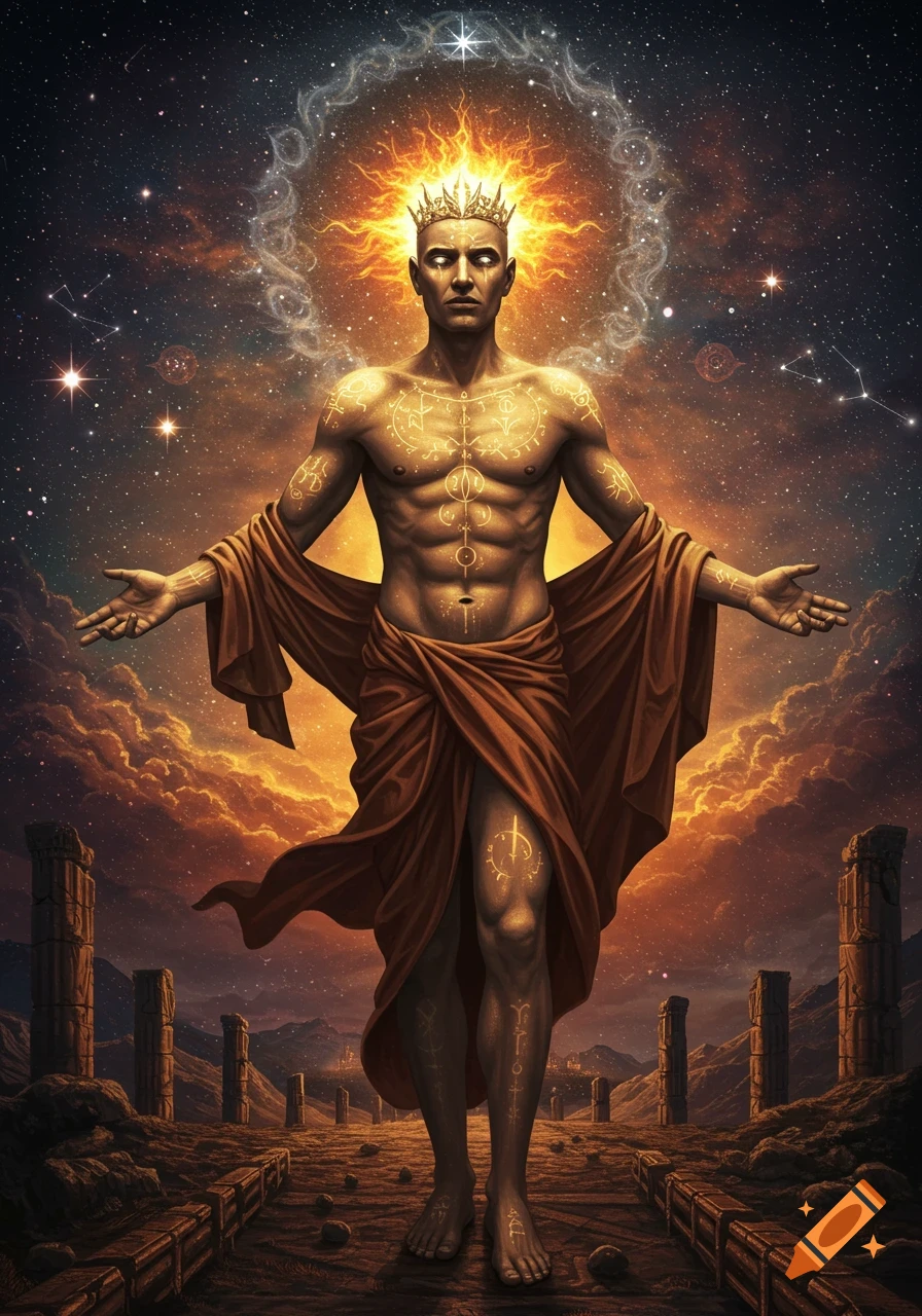 Mythic divine figure with luminous skin and symbols, standing in a cosmic landscape with outstretched arms, wearing a crown.