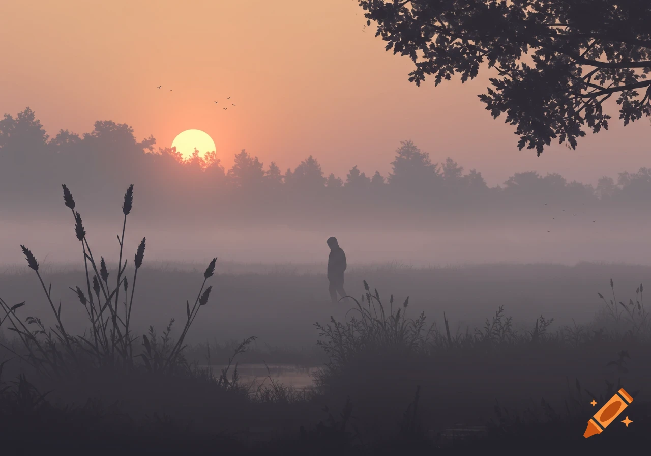 Silhouette of a person walking through a misty field at sunrise.