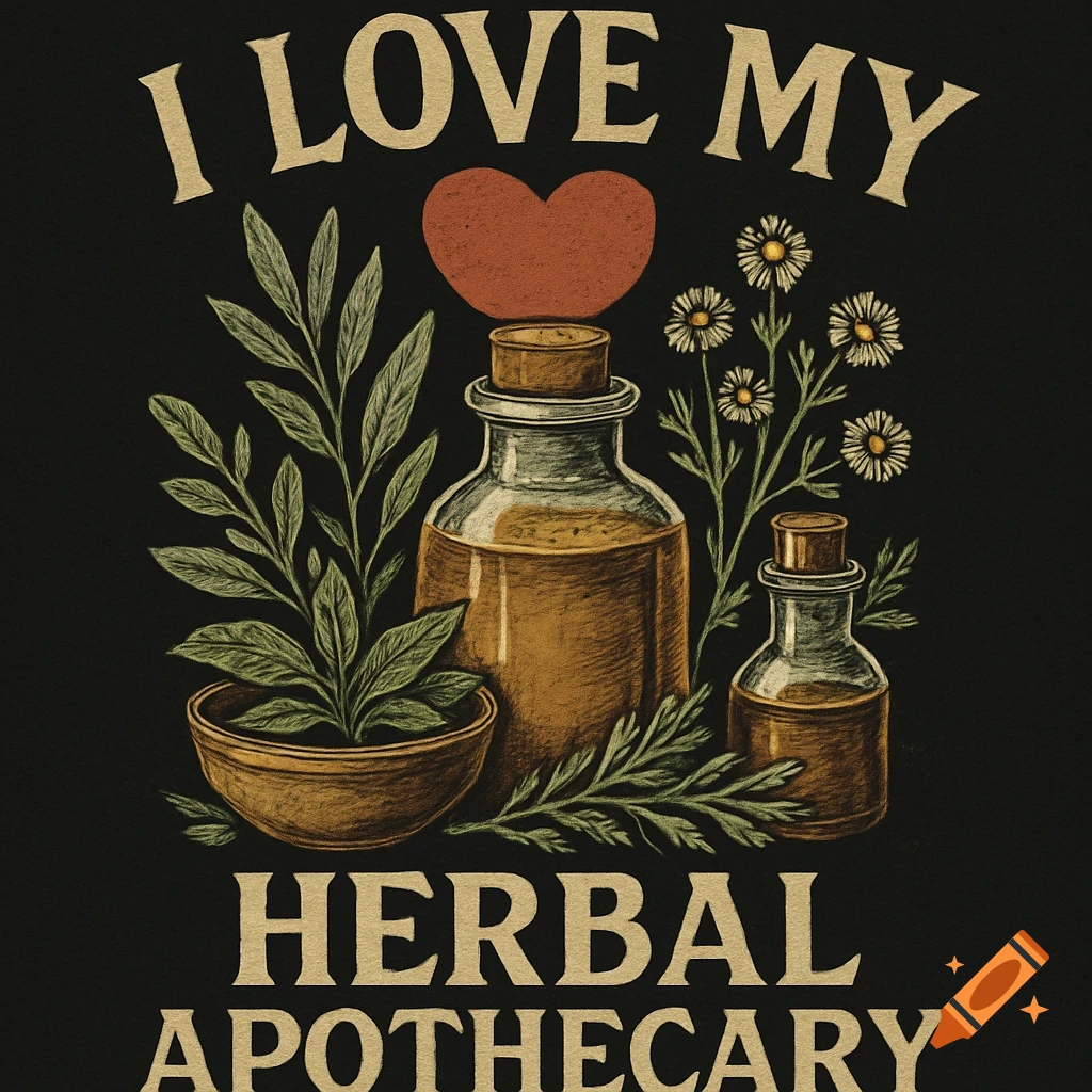 Vintage style illustration with text 'I LOVE MY HERBAL APOTHECARY', showing bottles, herbs, and a heart.