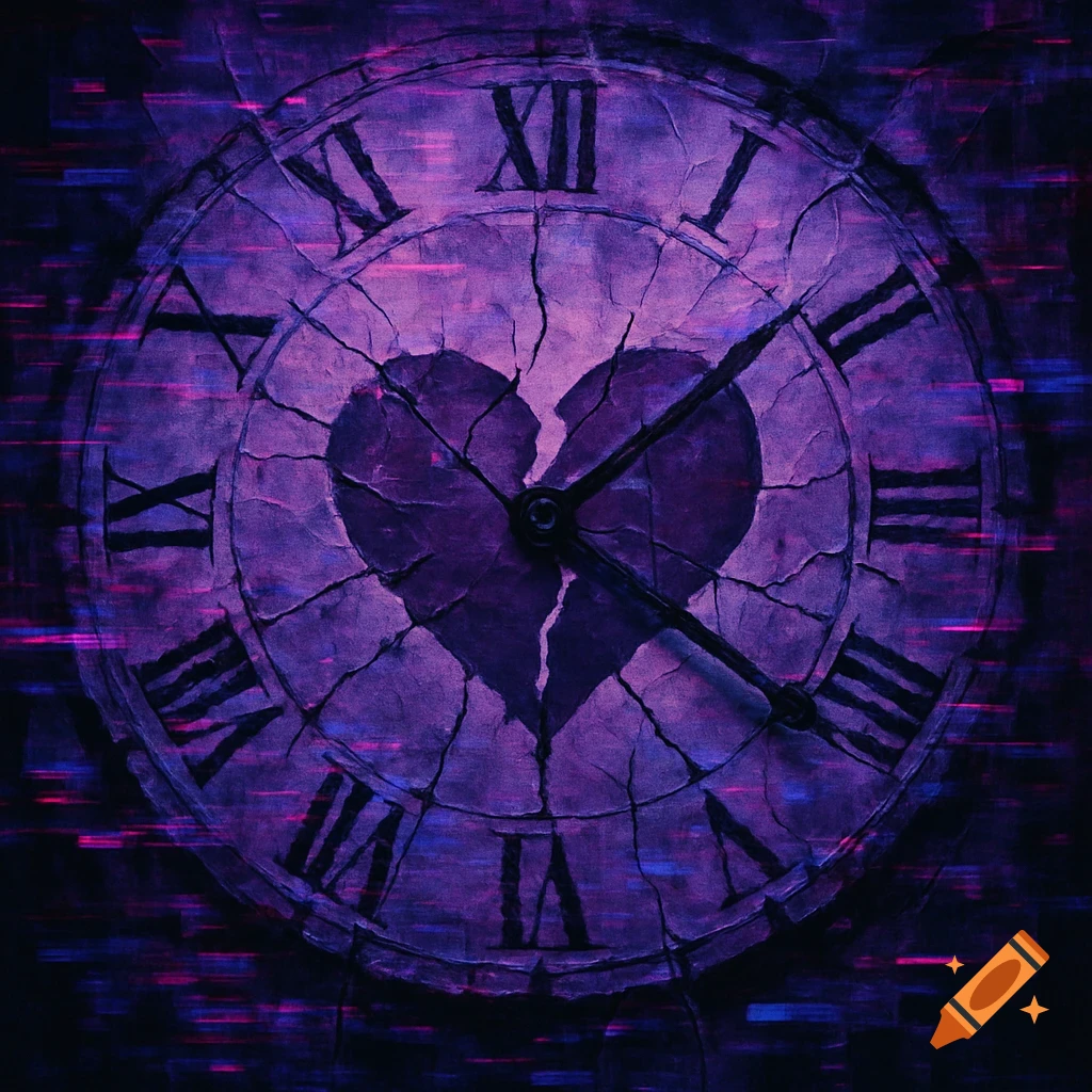 A stylized, cracked clock face in purple with a broken heart in the center and glitching effects.
