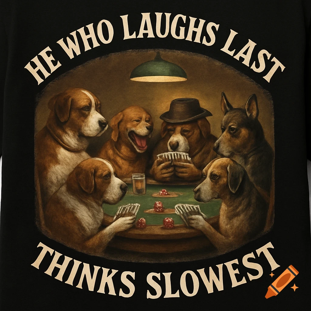 Illustration of six dogs playing poker at a table under a lamp, with text 'He who laughs last thinks slowest'.