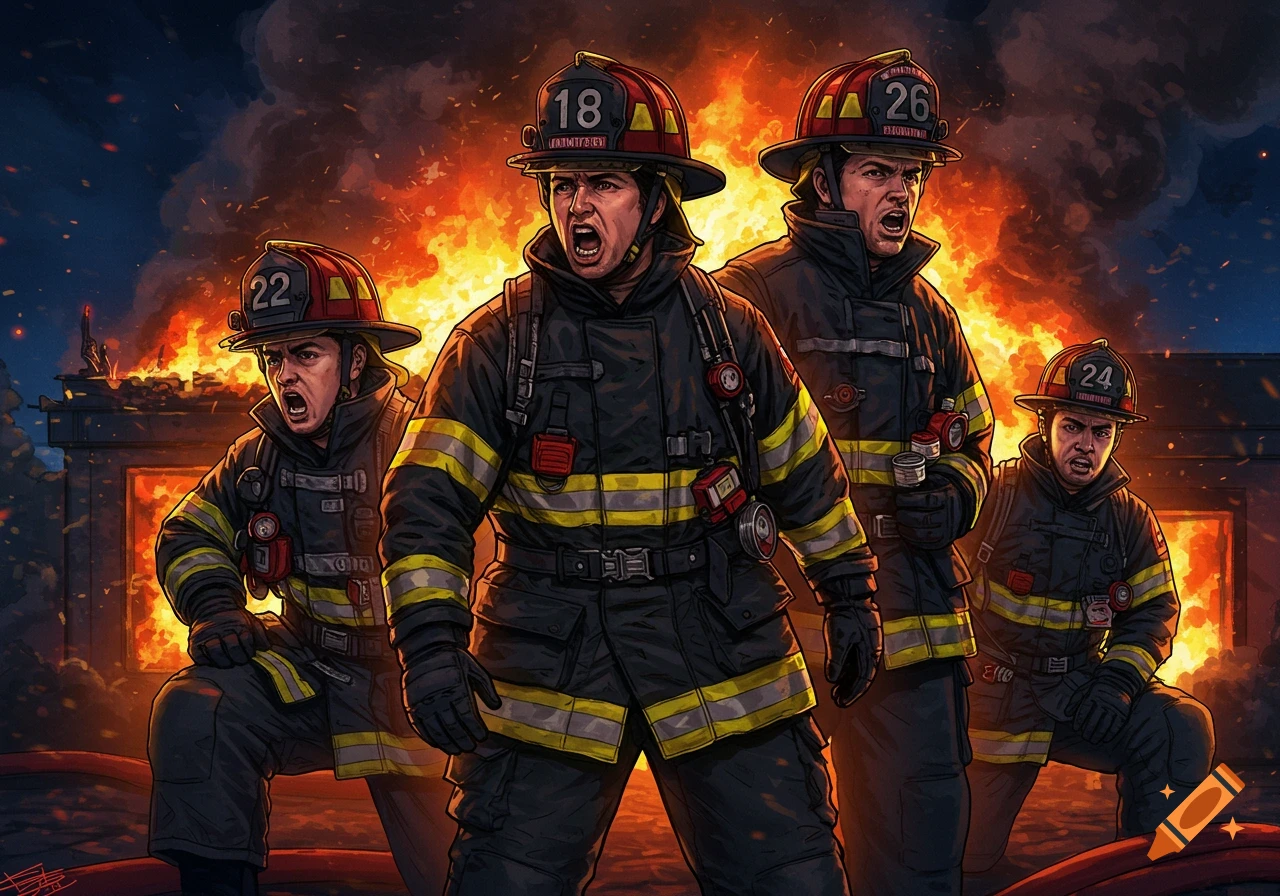 Four firefighters in gear stand ready in front of a burning building, stylized illustration.