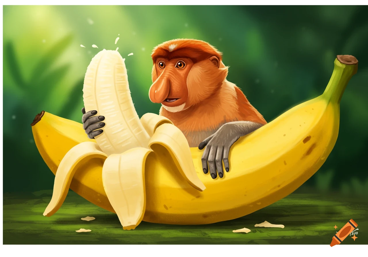 Illustration of a proboscis monkey peeling a large banana.