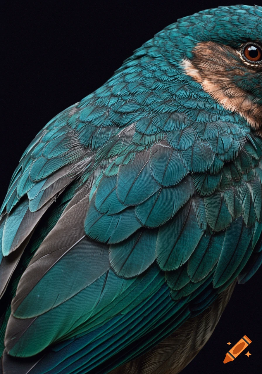 Close-up of a bird's teal and brown feathers and eye.