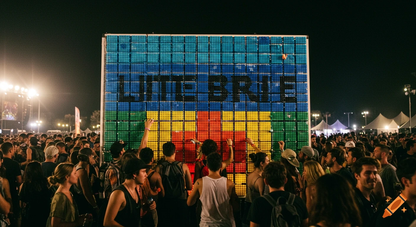 Crowd of people at a music festival interacting with a giant Lite Brite art piece spelling out 'LITE BRITE'.