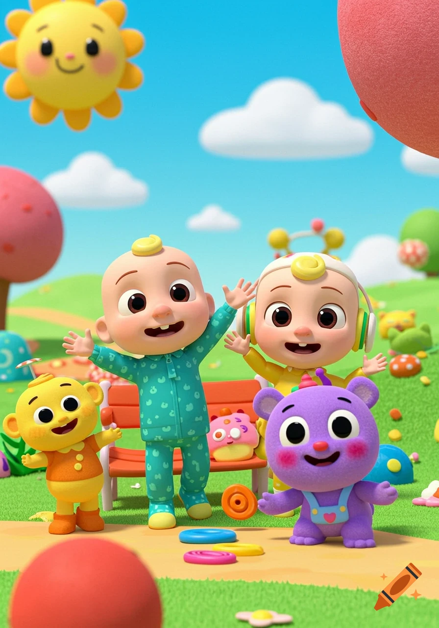 Cartoon characters resembling Cocomelon babies and animals stand in a sunny park.
