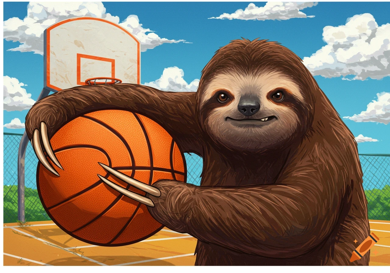 Illustration of a sloth holding a basketball on a court