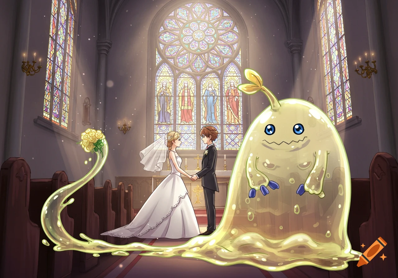 Anime illustration of a bride and groom at a church altar, with a large Numemon Digimon approaching with wedding rings.