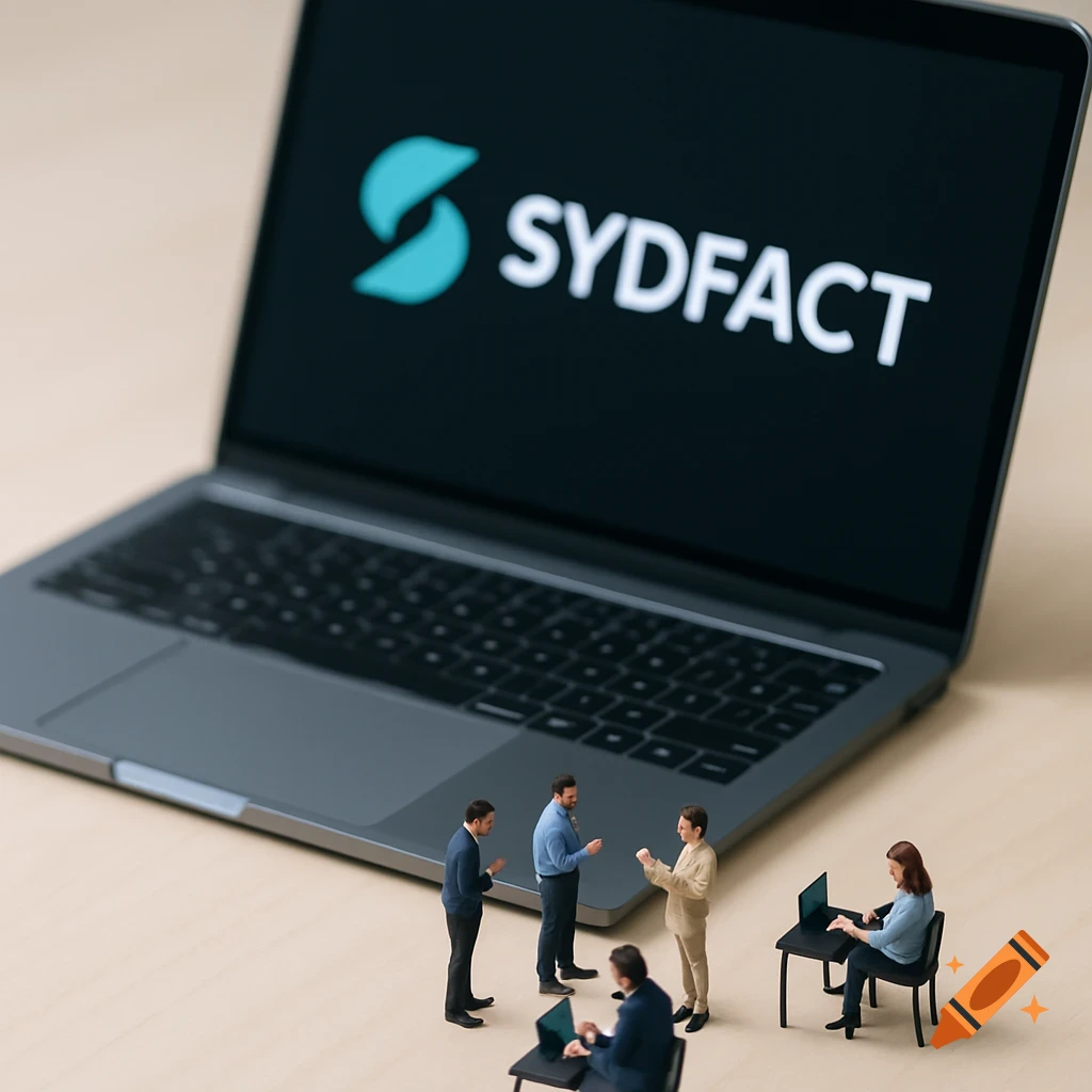Tilt-shift shot of miniature people working on a laptop with the SYDFACT logo on screen.