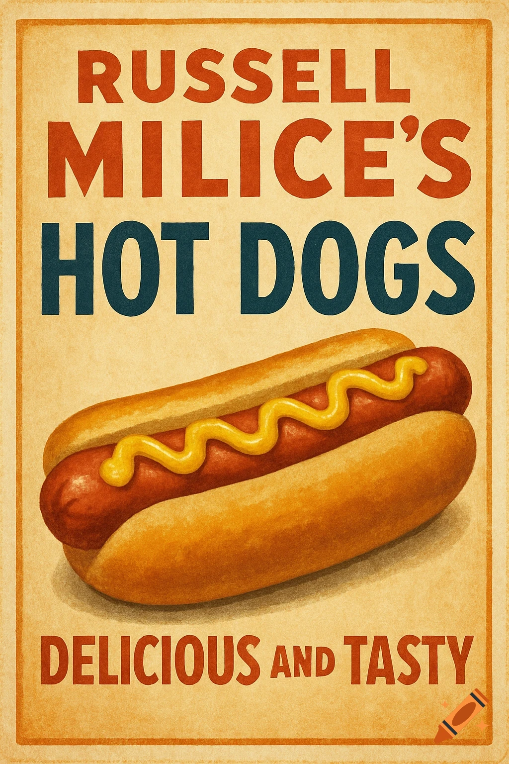 Vintage style advertisement poster for Russell Milice's hot dogs, showing a large hot dog with mustard.