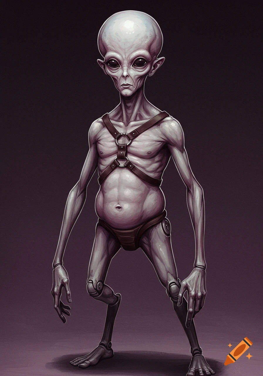 A gaunt humanoid alien with a large head, big dark eyes, skinny limbs, and strange body texture and mechanical joints, standing against a dark background.