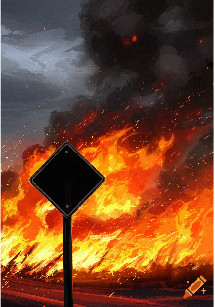 Black diamond sign in front of a large fire with smoke and sparks.