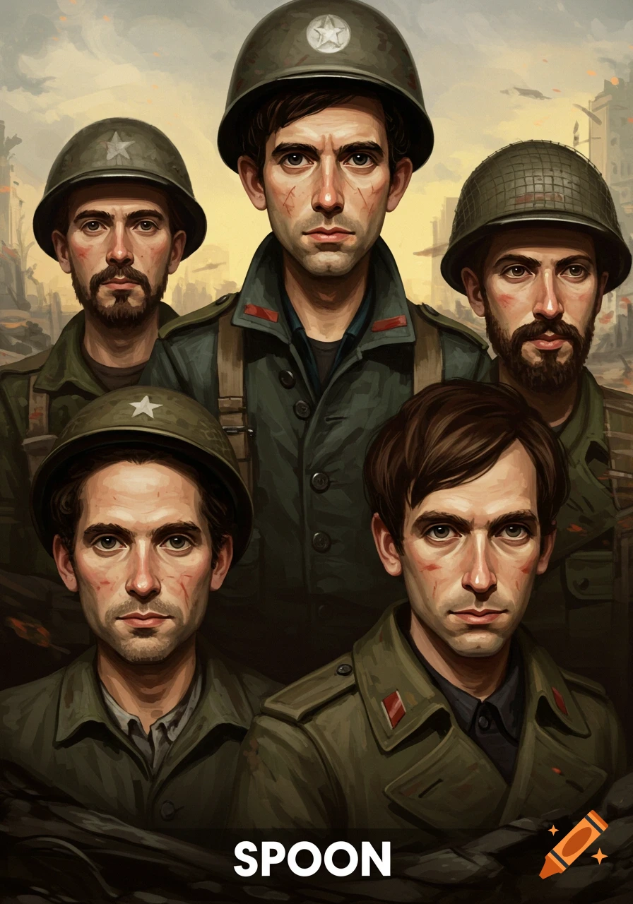 Group of soldiers in helmets and uniform standing in a war-torn setting. Text 'SPOON' at the bottom.