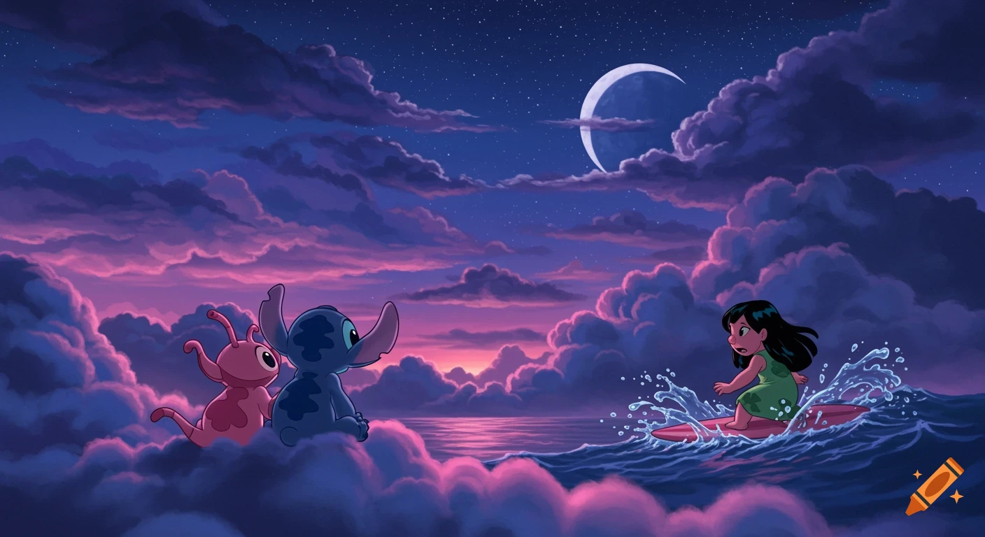 Lilo surfs in the ocean while Stitch and Angel sit on glowing pink clouds at night under a crescent moon and stars.
