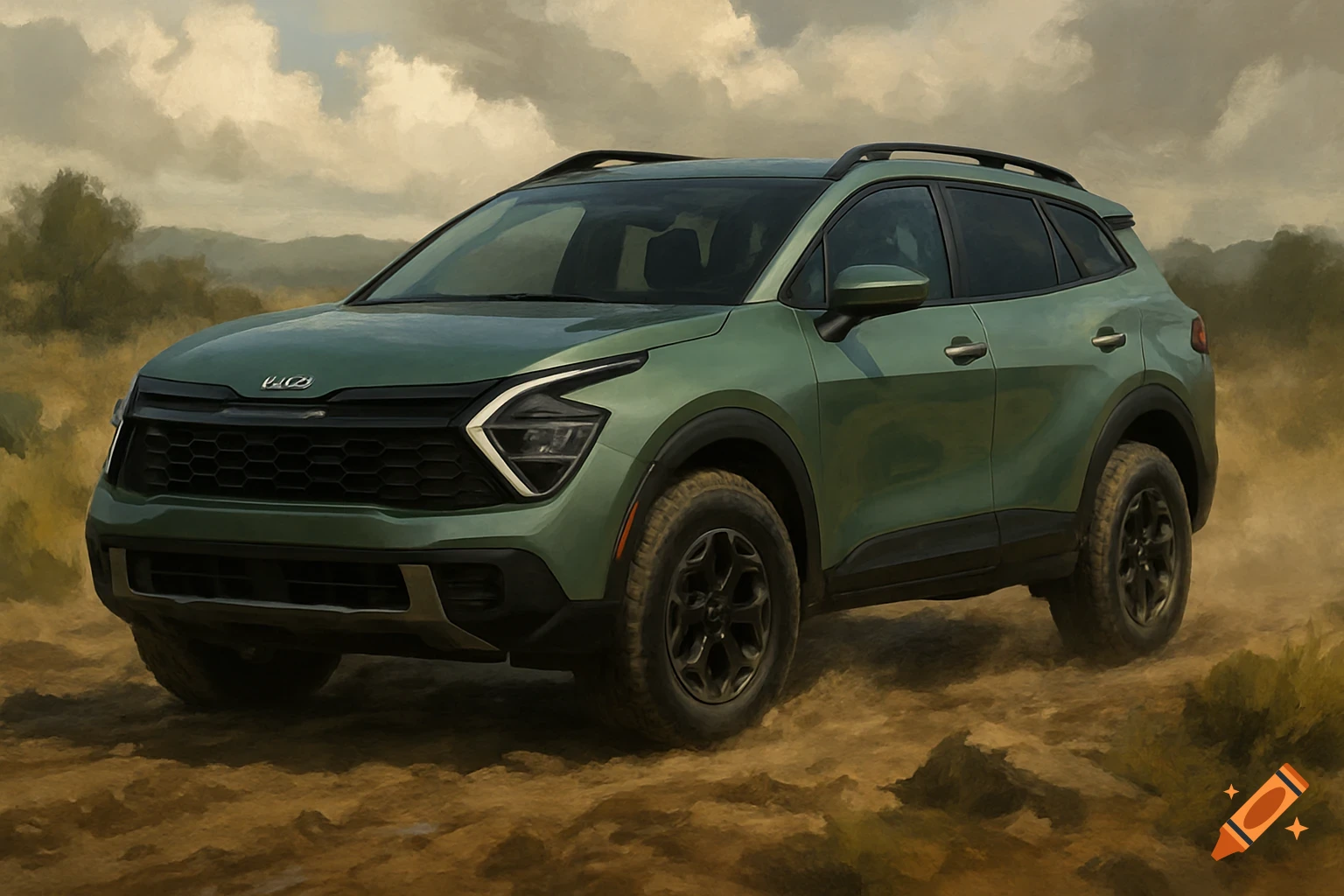 A green Kia Sportage SUV on a dirt road, painted style.