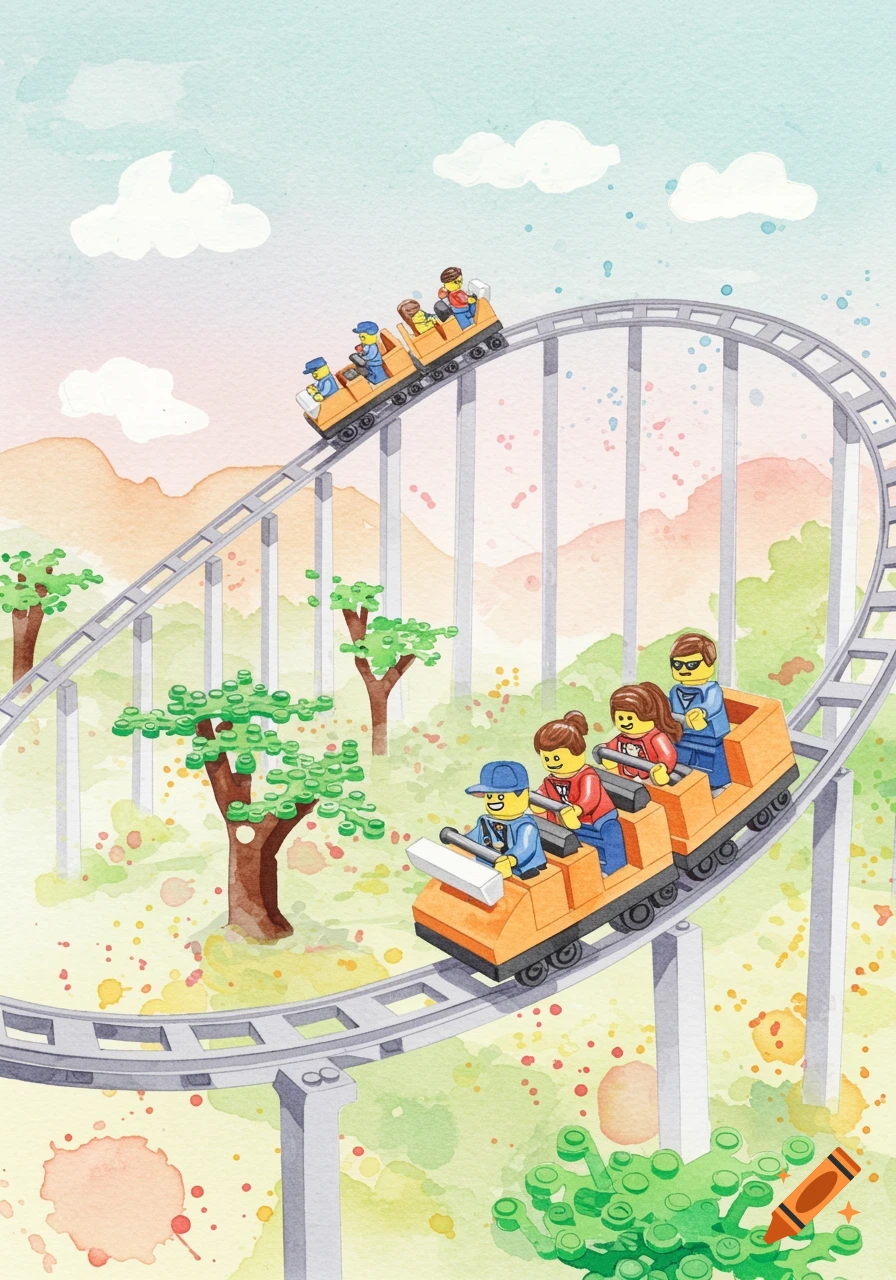 Watercolor illustration of Lego figures riding a roller coaster.