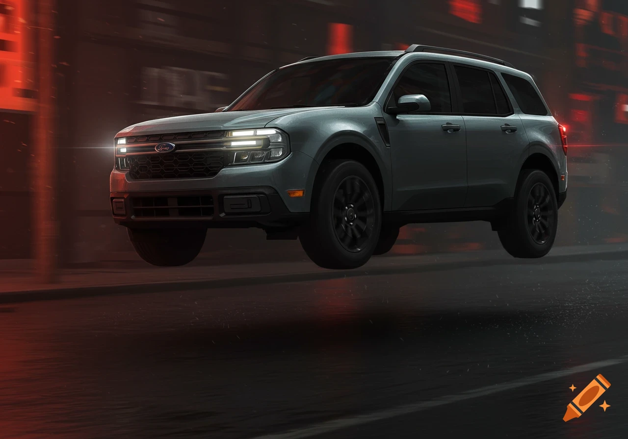 Grey SUV jumping on a city street at night
