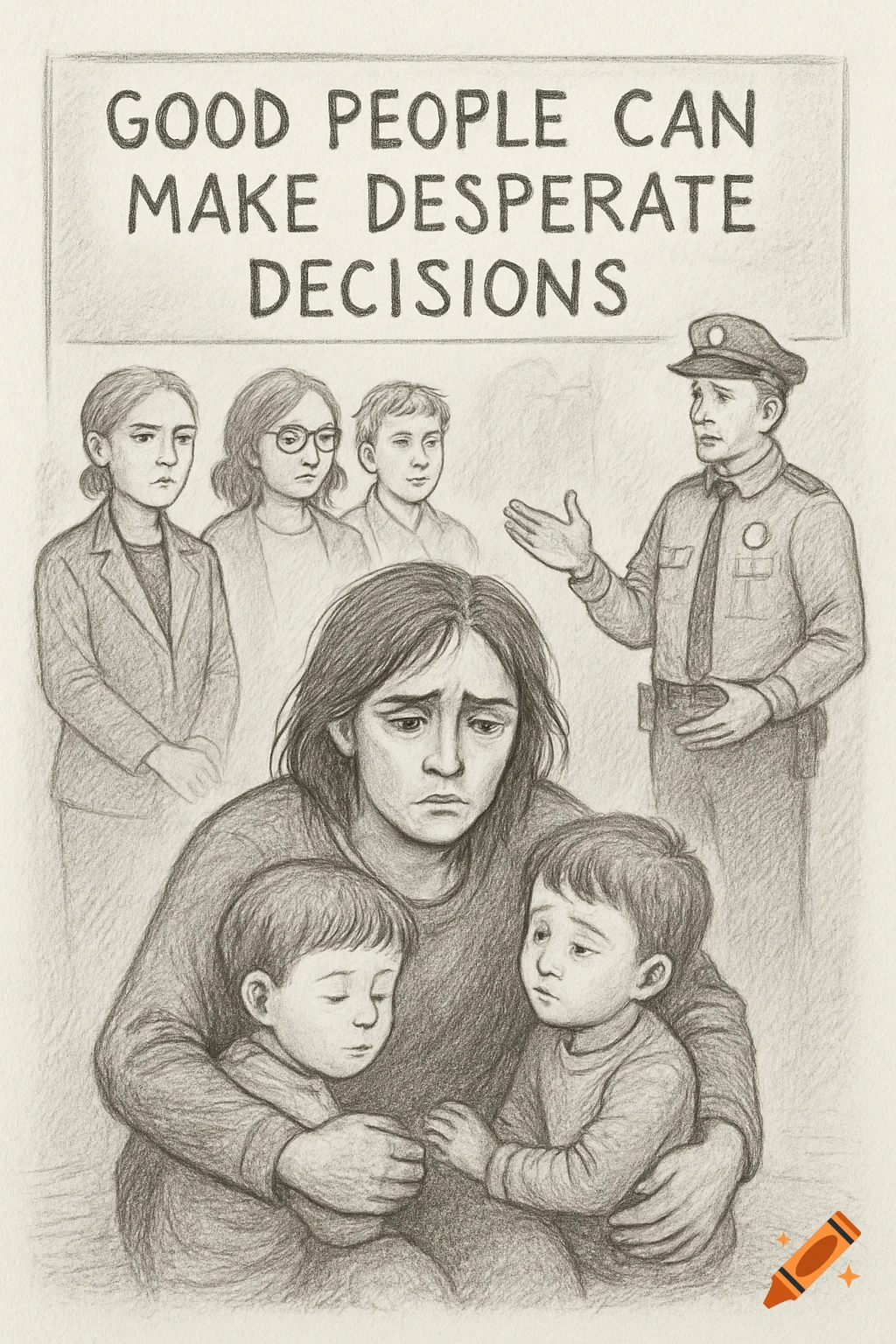 Pencil sketch illustration of a mother with children, a police officer, and other people under a banner that reads 'Good people can make desperate decisions'.