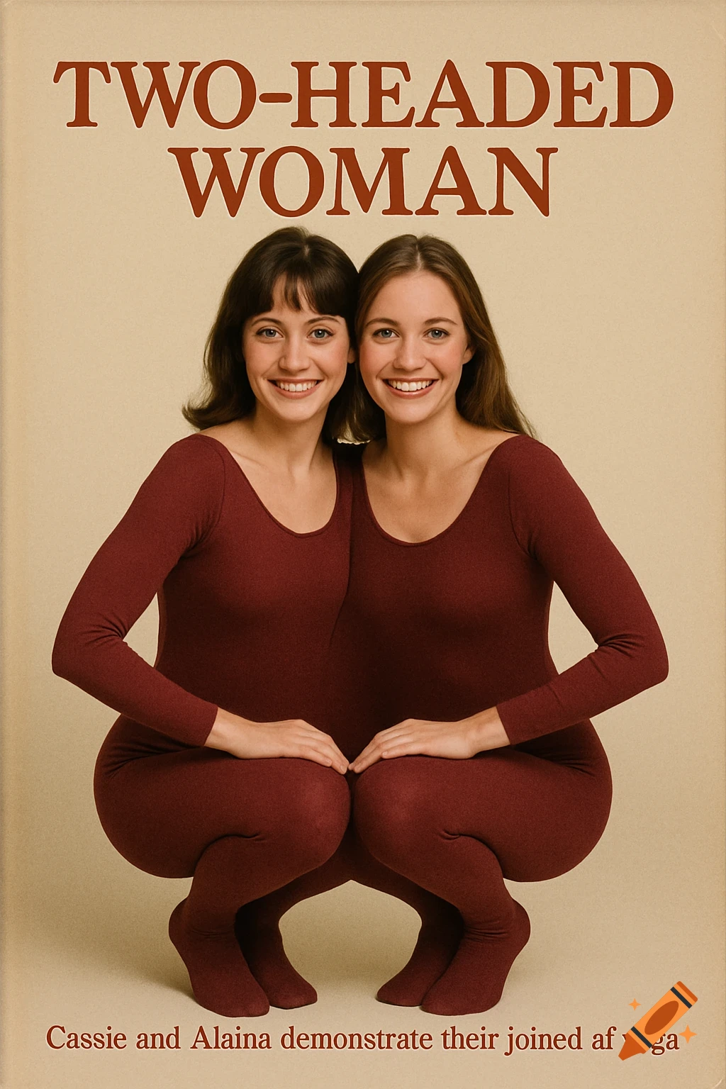 Two women in a single leotard squatting, creating a two-headed woman illusion, with text about yoga.