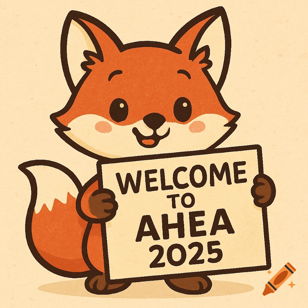 A cute cartoon fox holds a sign that says Welcome to AHEA 2025.