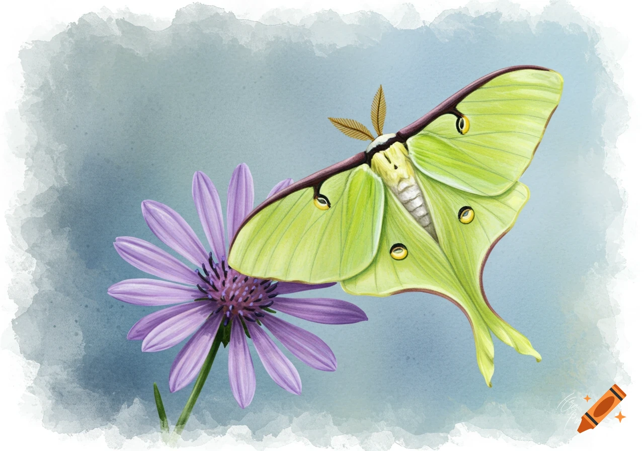 A green luna moth perches on a purple flower, painted in watercolor.