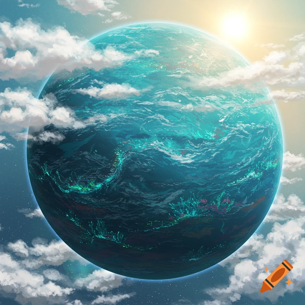 A large blue-green water planet in space with clouds and sunlight.