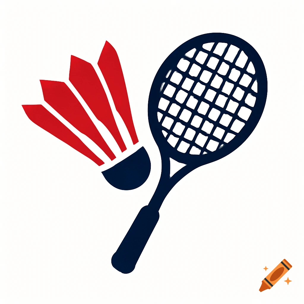 Badminton logo with red shuttlecock and navy blue racket on white background