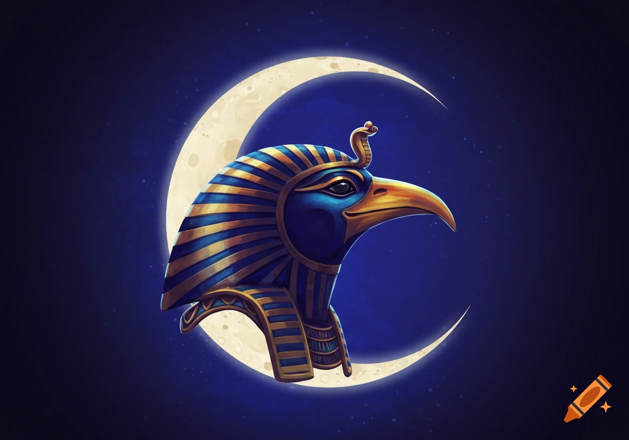 Illustration of an Egyptian deity with a bird head wearing a headdress, silhouetted against a crescent moon and starry sky.