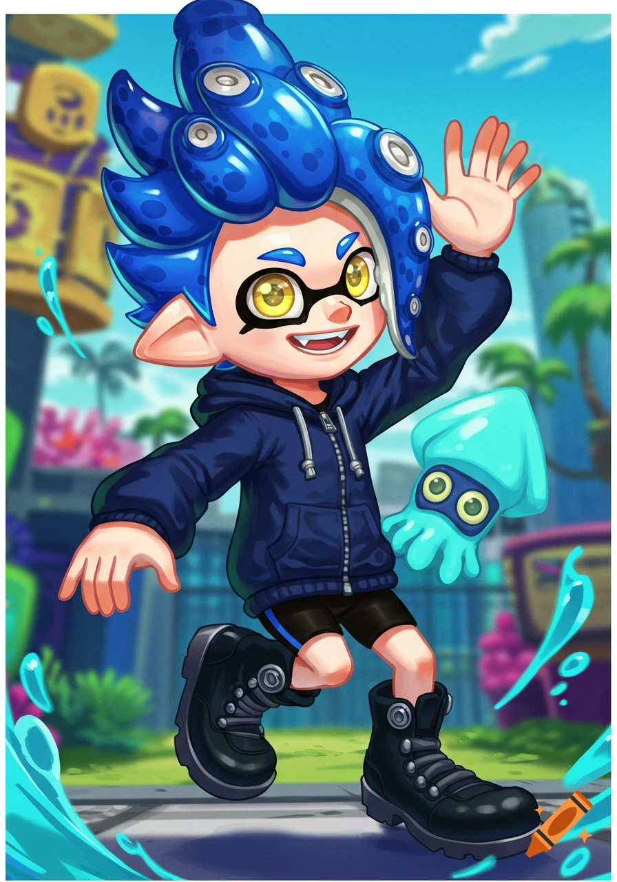 Cartoon boy with blue octopus hair running with a small blue octopus figure in an outdoor setting.