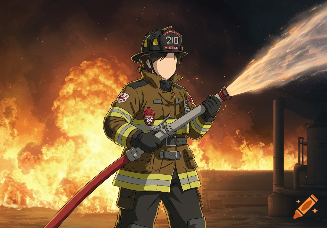 Anime style firefighter putting out a fire with a hose