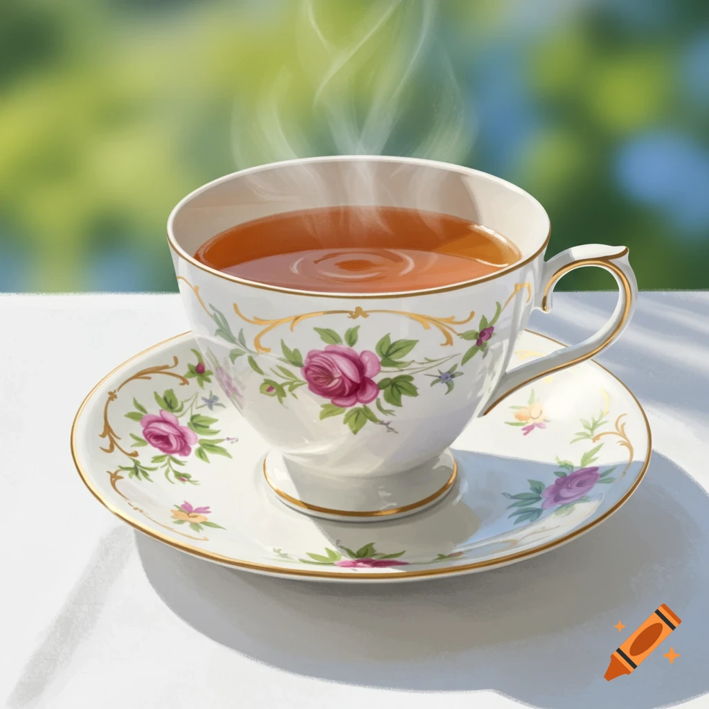A detailed illustration of a teacup and saucer with floral patterns, steam rising from the tea, set outdoors.