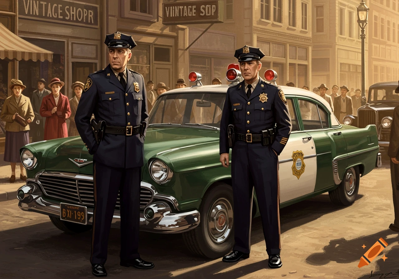 Two police officers stand next to a vintage green and white police car on a street.