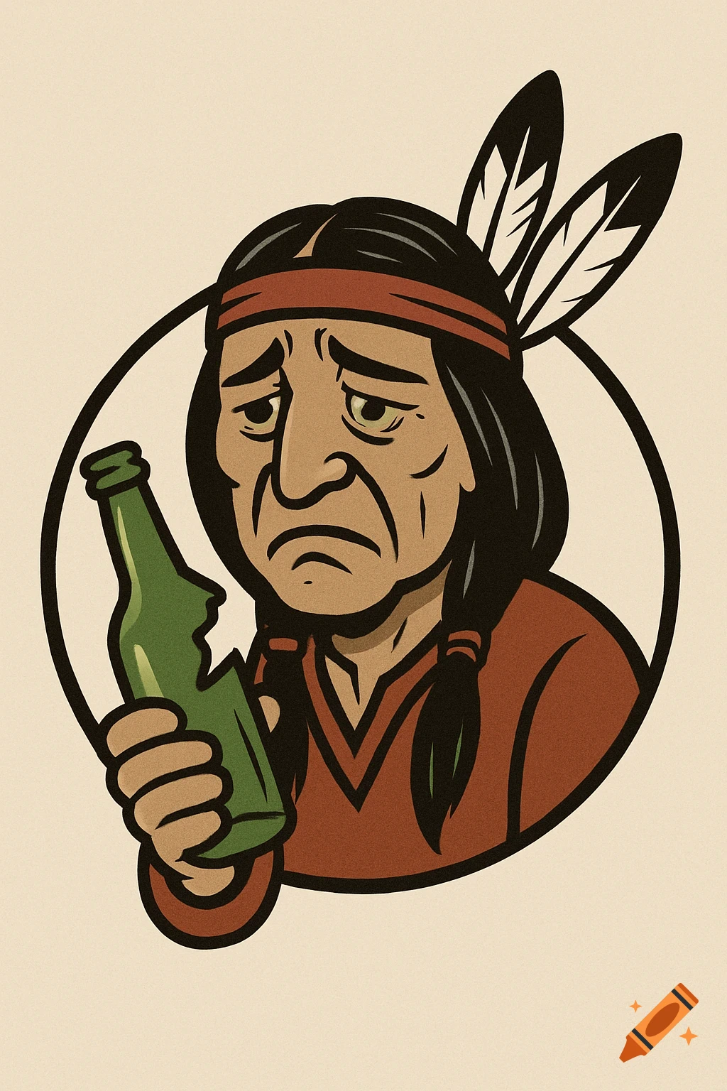Cartoon logo of a sad Native American person holding a broken bottle.