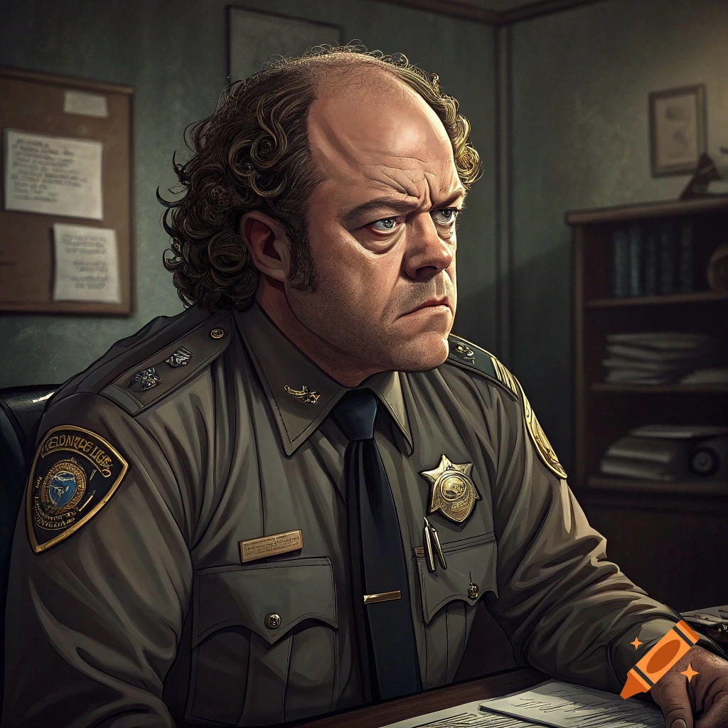 A stern-looking man with thinning hair and curly brown hair around the sides wears a police uniform and sits at a desk. Stylized illustration.