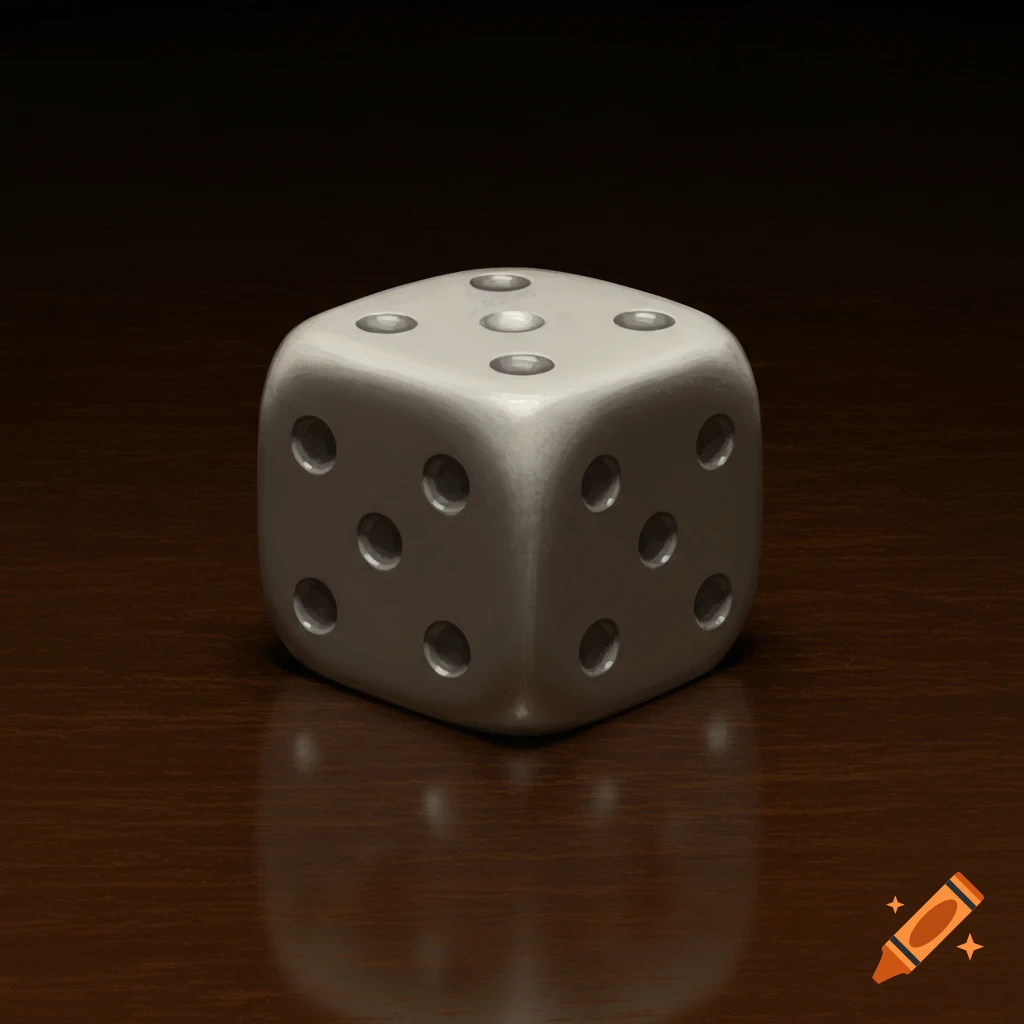 A white die showing one dot on a dark wooden table
