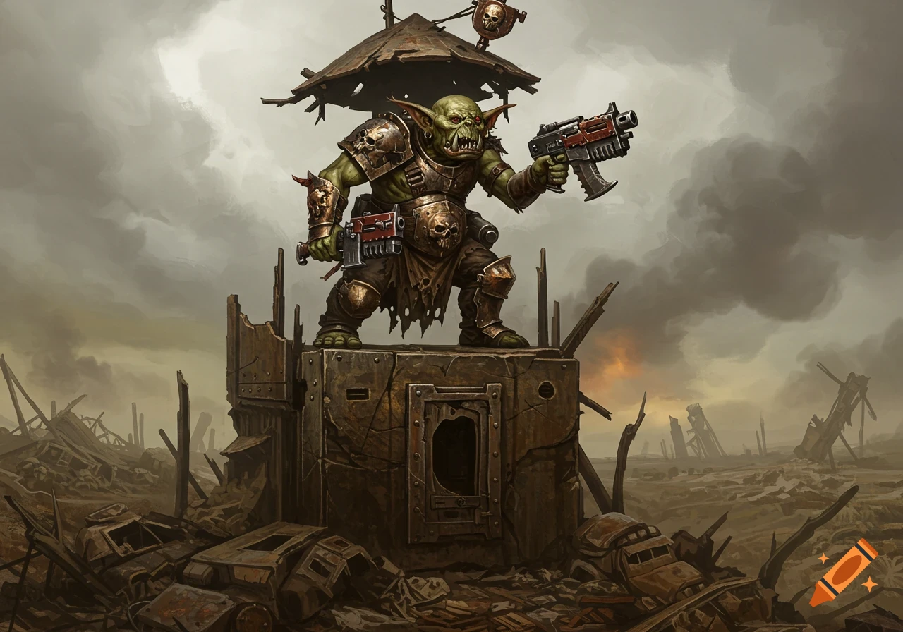 An armored orc stands guard on a ruined structure in a desolate landscape, holding a gun.