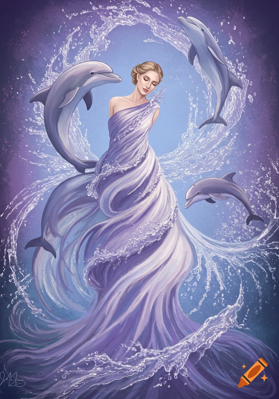 Illustration of a woman in a flowing purple water dress surrounded by jumping dolphins.