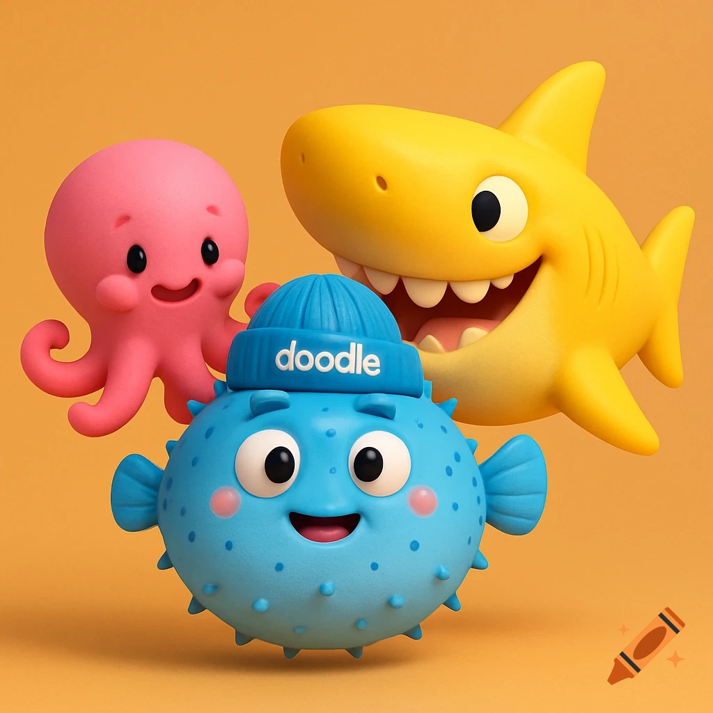 A pink octopus, a yellow shark, and a blue puffer fish wearing a beanie that says doodle, in 3d cartoon style.