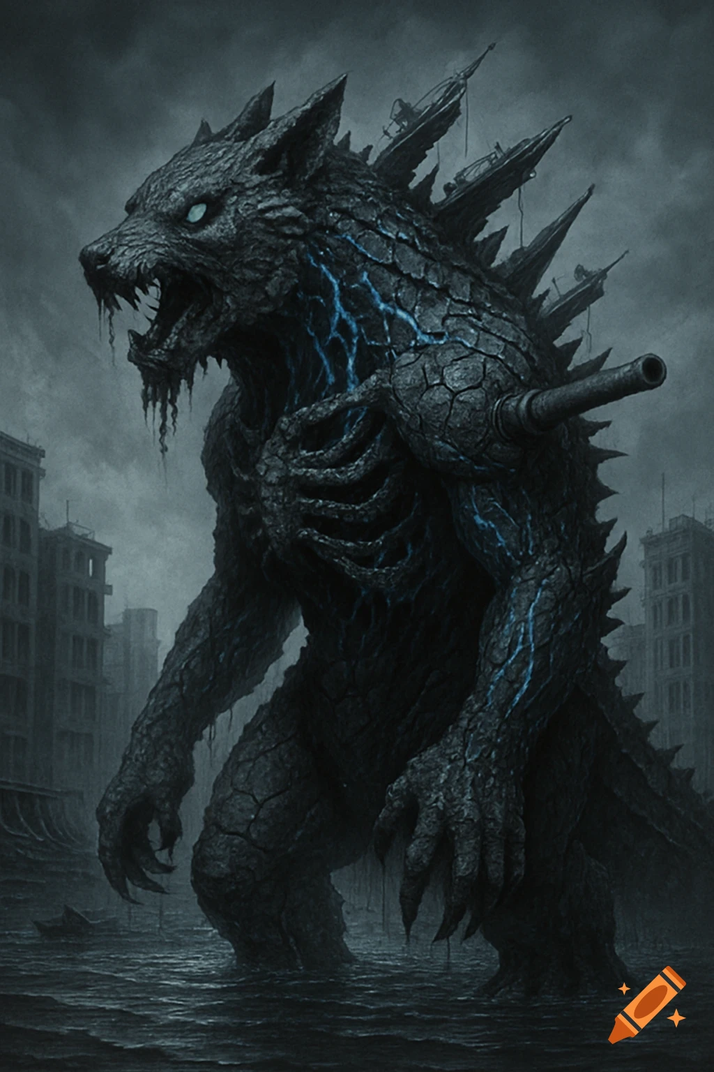 Dark, gritty wolf-reptile kaiju in a flooded city.