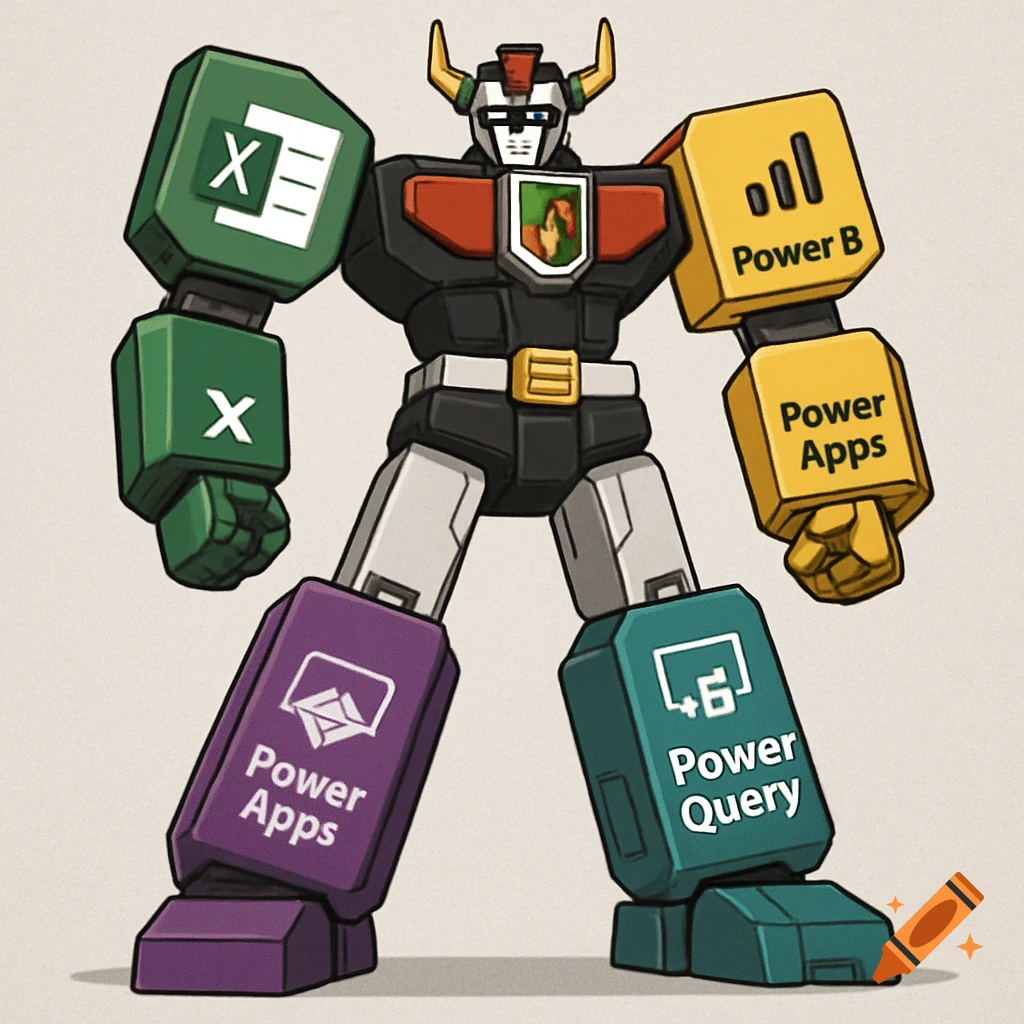 Illustration of a robot made from Microsoft software icons like Excel and Power BI