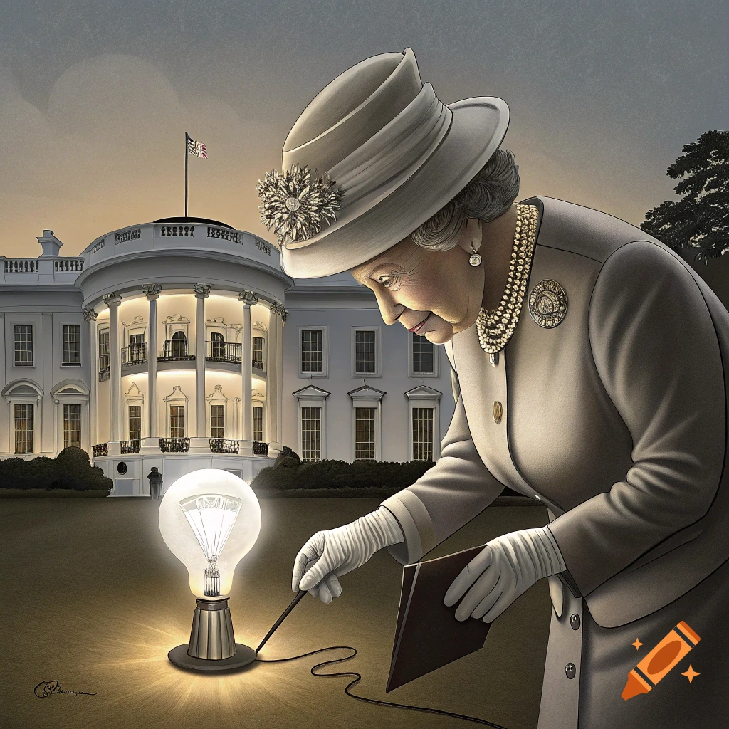 Queen Elizabeth II pokes a glowing lightbulb in front of the White House while holding a book.