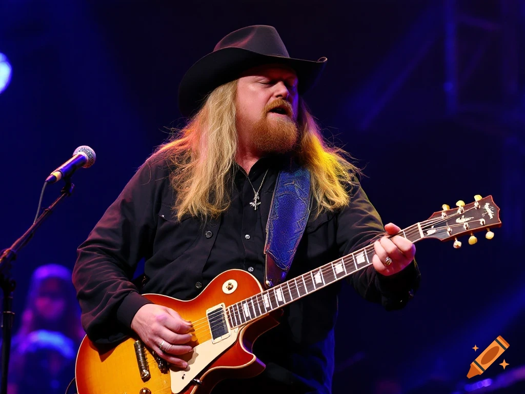 Musician with cowboy hat and beard playing guitar on stage with a microphone.