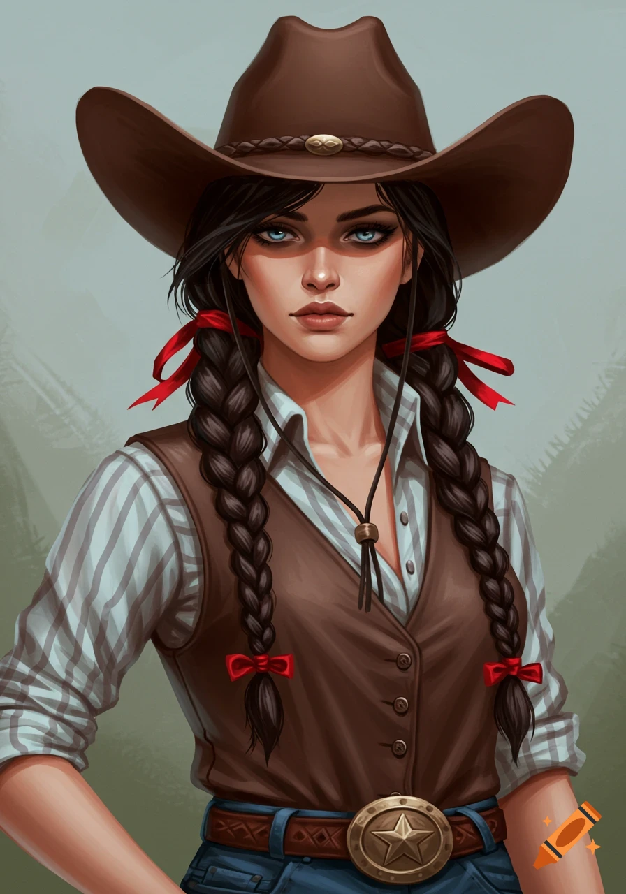 Illustration of a cowgirl with dark braids, red ribbons, blue eyes, and a cowboy hat.