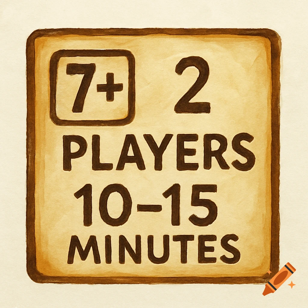 Game label with text '7+', '2 Players', '10-15 Minutes' in watercolor style.