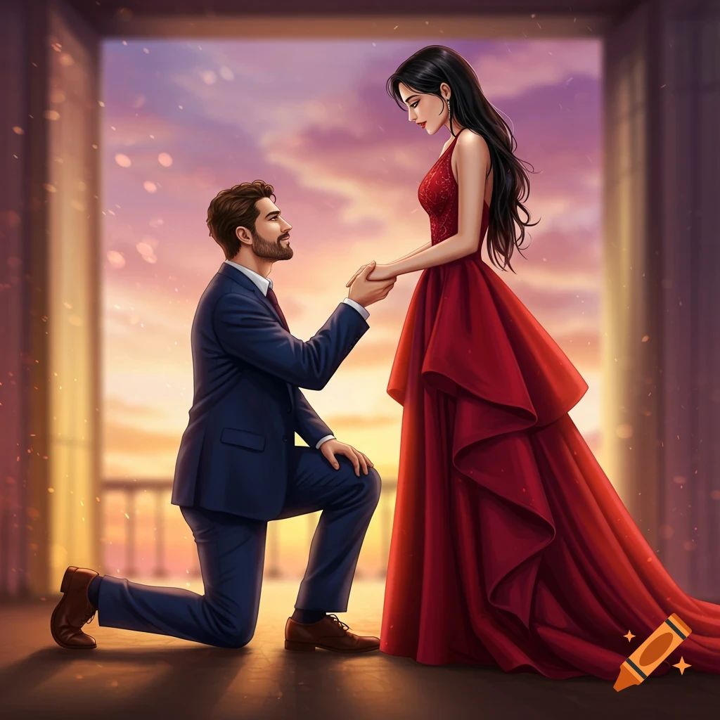 An illustration of a man kneeling and holding the hands of a woman in a red dress at sunset.