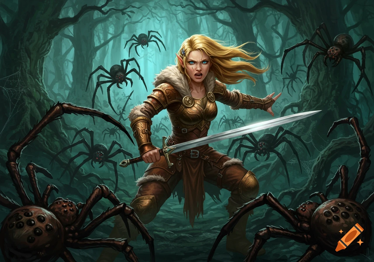 Blonde female elf battling large spiders in a dark fantasy forest.